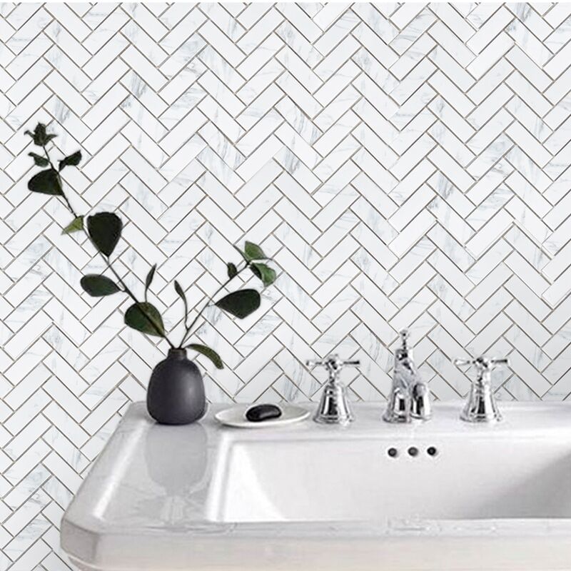 Nordic minimalist long strip mosaic tiles White Carrara color kitchen and bathroom wall tiles 145×45mm 4 Humanoid Mosaic Wall Tile